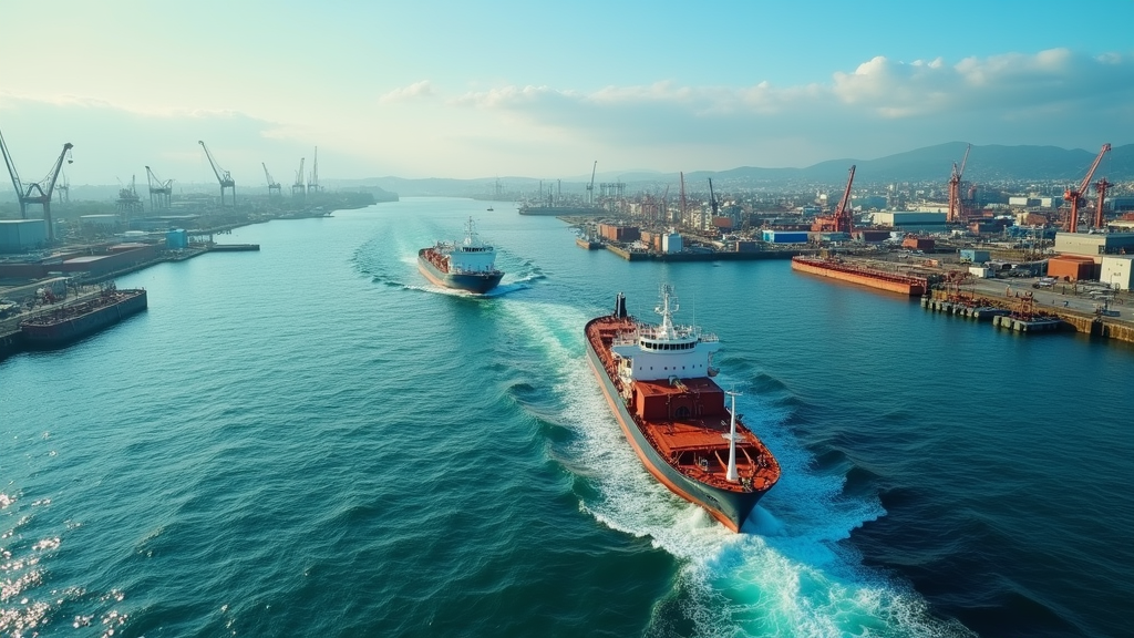 A visually engaging maritime scene with boats, ocean waves, and industrial docks, perfect for a video editing project.