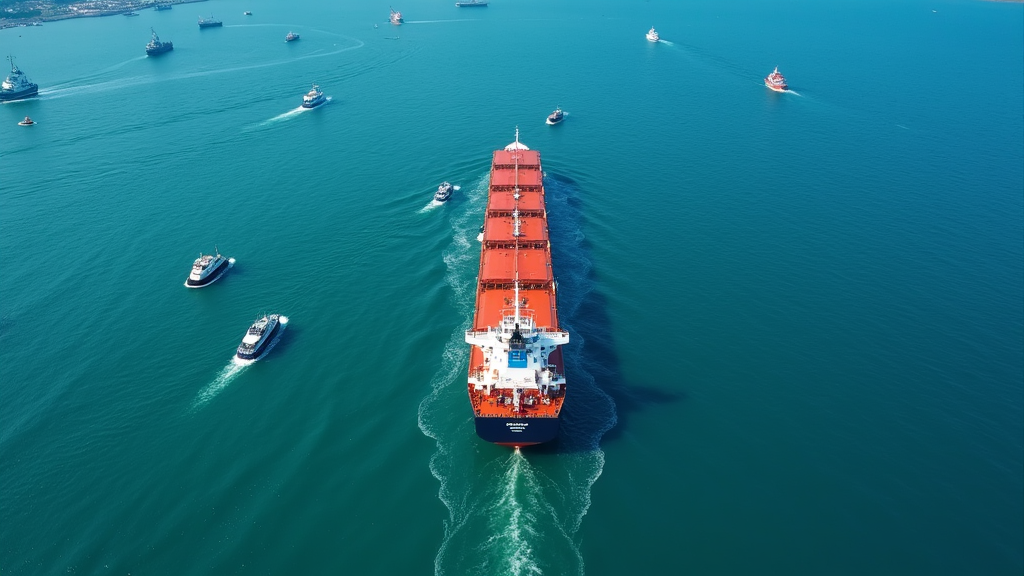 Aerial view of a large cargo ship navigating through clear blue ocean waters, surrounded by smaller boats in a busy shipping channel.