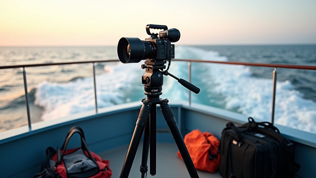 Maritime filming equipment on a boat at sunrise