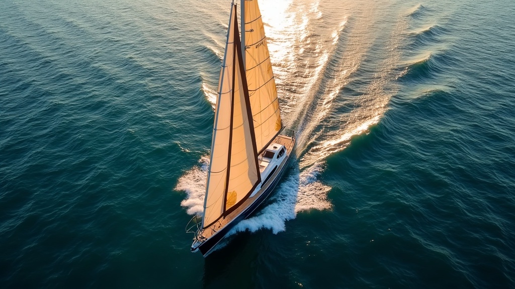 A sleek white sailboat cuts through deep blue water at sunrise, with a drone camera shooting overhead and foam trailing in its wake.