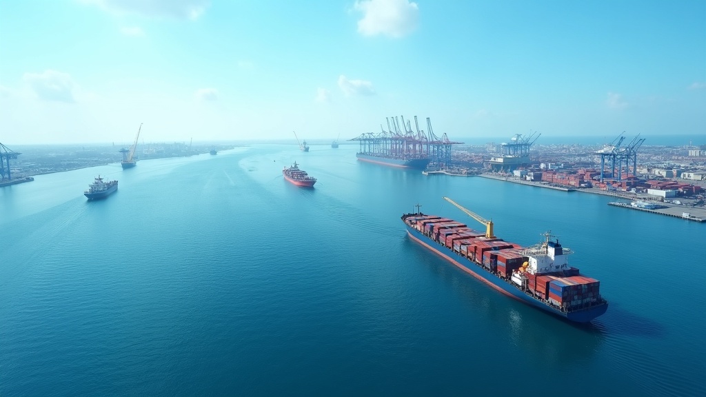 Aerial view of maritime ships and port with containers on blue water