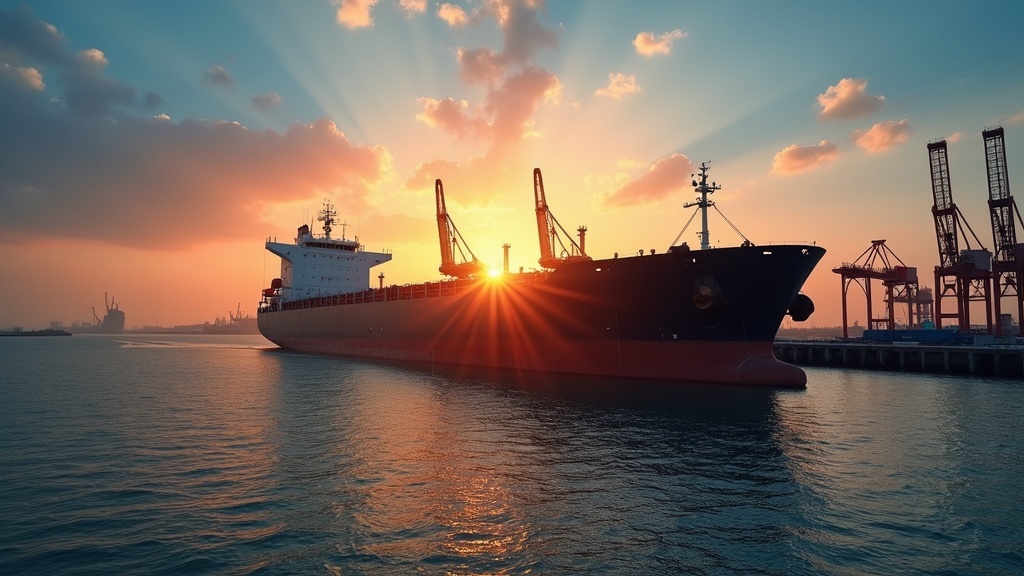 Maritime video shoot at sunrise, showing a ship in harbor with dramatic lighting on the water